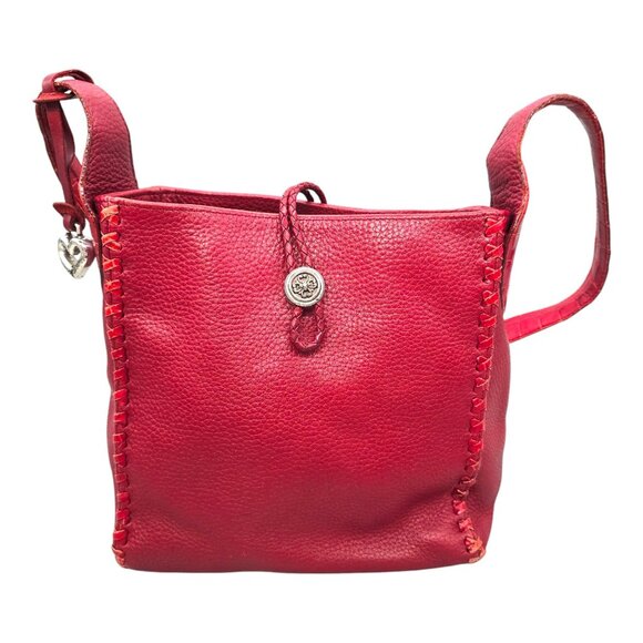 Brighton Dark Red Pebbled Leather Shoulder Handbag Whipstitch Trim Croc Strap - Picture 2 of 16